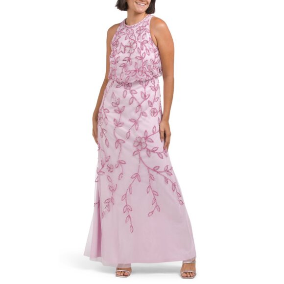 ADRIANNA PAPELL Pink Beaded Blouson Floral Vine Gown - Picture 1 of 2